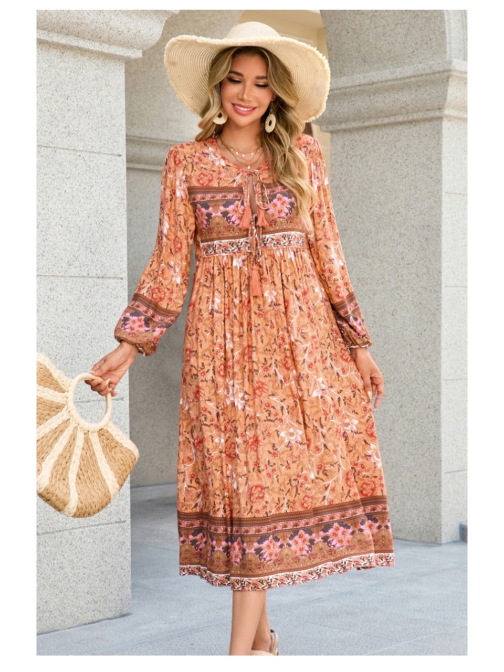R. Vivimos Peach Long Sleeve Floral Print Retro V Neck Tassel Bohemian Dress - Picture 3 of 10